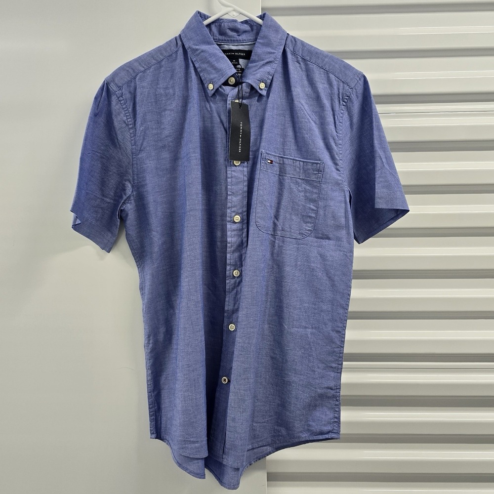 NWT Tommy Hilfiger Oxford Shirt Men's M Blue Button Front Short Sleeve Cotton
